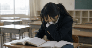 Ten Years of English. Still Can’t Speak It. A Japanese high school student sitting alone at a desk with head down over textbooks
