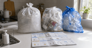 Color-coded garbage bags next to a sorting guide in a Japanese kitchen