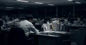 Japan Has No Job Description. That’s the Job. A Japanese office worker sitting alone at a cluttered desk late at night with stacks of papers