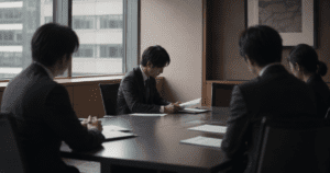 A Japanese office worker sitting in silence during a meeting, illustrating indirect communication in Japanese workplaces