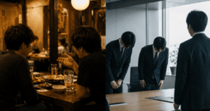 Japanese businessmen bowing deeply to each other at a restaurant, showing formal keigo culture