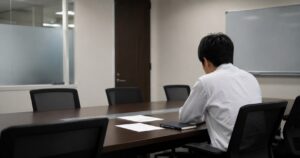 Japan Calls It TPO. What It Really Tests Is Soyou. A young man sitting alone at a conference table after a meeting, looking reflective.