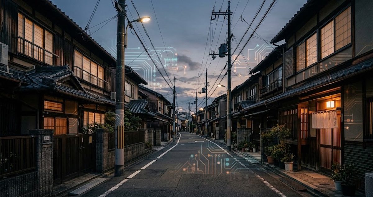 A quiet Japanese residential street at dusk with circuit board patterns floating through the air, suggesting the invisible systems running beneath the surface.