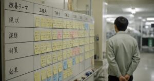When Discipline Outlives Purpose A Japanese kaizen board covered in neatly arranged process notes, with a worker pausing to look at it, symbolizing the question of whether discipline is pointing in the right direction.