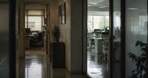 A quiet Japanese office corridor with glimpses of different eras through open doorways, suggesting multiple generations operating under different assumptions at the same time.