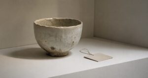 When Japanese Words Become Global Products A traditional Japanese ceramic bowl with a small product tag on a minimal white display shelf.