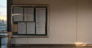 A Japanese public noticeboard with official notices next to an empty wall, representing the contrast between written rules and unwritten expectations.
