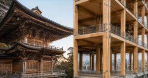 Being Japanese Is Not Structural Engineering Side-by-side comparison of a traditional Japanese wooden temple and a modern timber high-rise under construction.