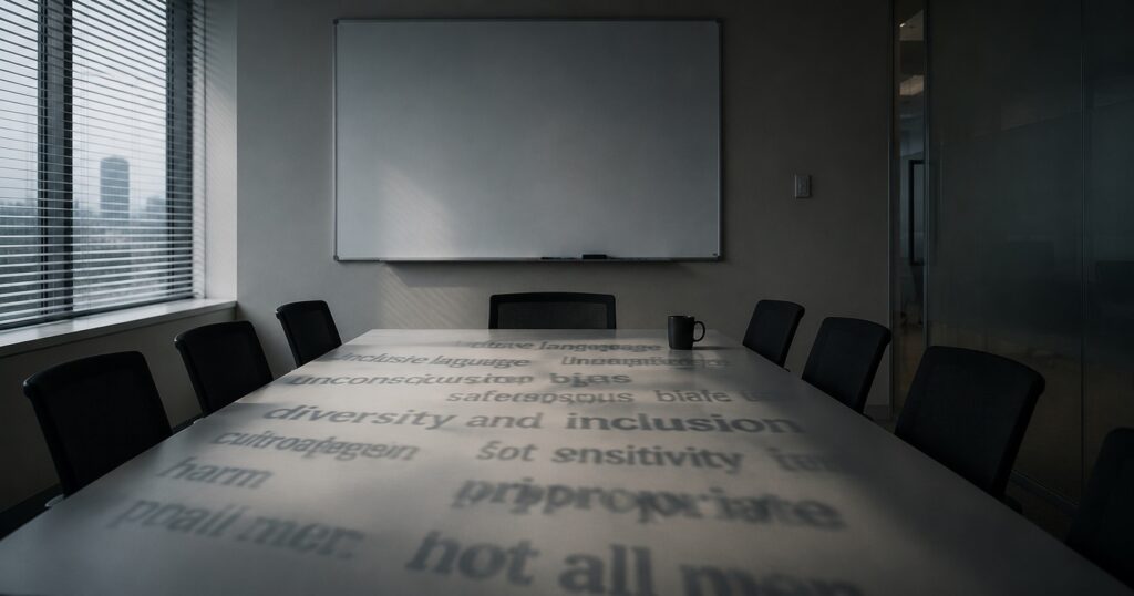An empty conference room with blurred workplace-sensitivity words across the table, representing the invisible pressure that can make people stay silent.